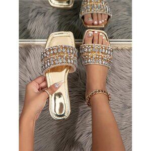 Women's Fashion Rhinestone Flat Sandals, Casual Bohemian Gold Flat Sandals